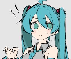  ! !! 1girl ahoge aqua_eyes aqua_hair aqua_necktie bare_shoulders closed_mouth collared_shirt commentary_request detached_sleeves grey_background grey_shirt hair_between_eyes hair_ornament hand_up hatsune_miku highres n40a1 necktie shirt simple_background solo sweatdrop twintails vocaloid 