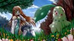  bow chikorita flower grass green_eyes ilolamai orange_hair pokemon red_eyes 