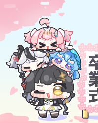  >_< 4girls :d ahoge black_dress black_flower black_gloves black_hair black_jacket blake_bloom_(wuthering_waves) blue_hair bow camellya_(wuthering_waves) character_request cherry_blossoms chibi chibi_only closed_eyes closed_mouth colored_eyelashes commentary_request dress earrings female_rover_(wuthering_waves) fingerless_gloves flower gloves hair_bow hair_flower hair_ornament hair_ribbon hairclip hand_up highres index_finger_raised jacket jewelry long_hair looking_at_viewer multicolored_hair multiple_girls one_eye_closed open_mouth pink_hair red_pupils red_ribbon ribbon rover_(wuthering_waves) shorekeeper_(wuthering_waves) short_hair smile standing streaked_hair syurikenmaru two_side_up v veil violet_eyes white_dress white_hair white_veil wuthering_waves yellow_eyes 