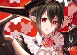  1girl absurdres arknights ascot black_hair chinese_commentary collared_shirt commentary_request english_text entelechia_(arknights) flower hair_between_eyes hair_horns hair_intakes highres jigsaw_puzzle light_smile looking_at_viewer mole mole_under_eye neck_flower parted_lips partial_commentary pointy_ears puzzle red_background red_eyes red_flower red_rose rose shirt short_hair solo white_ascot ye_yu_ji_bei 