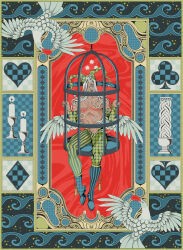  1boy bird birdcage blue_lips boots cage candle clown_makeup club_(shape) detached_sleeves diamond_(shape) eyelashes hat heart highres iliothermia jester jester_cap lips long_hair male_focus original pants pectorals red_eyes sitting solo spade_(shape) tassel tattoo topless_male white_hair 