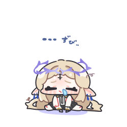  1girl black_skirt blonde_hair blush cartethyia_(wuthering_waves) chibi chibi_only closed_eyes closed_mouth commentary_request ear_blush earrings facial_mark furrowed_brow highres jewelry long_hair parted_bangs pointy_ears simple_background sitting skirt snot solo syurikenmaru tacet_mark_(wuthering_waves) very_long_hair white_background wuthering_waves 