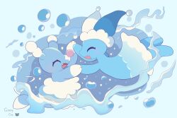  2girls blue_background blue_theme brionne bubble closed_eyes commentary deltarune elemental_(creature) english_commentary fang floating highres huimao28081 jester mizzle_(deltarune) multiple_girls open_mouth pink_nose sea_lion simple_background trait_connection utdr_(toby_fox) water water_elemental 