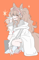  1girl :d angelina_(arknights) animal_ears arknights blush_stickers brown_hair coat collar extra_ears flat_color fox_ears fox_girl fox_tail full_body grey_collar grey_shirt grey_shoes grey_socks hairband highres holding holding_paper_airplane hood hood_down hooded_coat long_hair long_sleeves looking_at_viewer multicolored_hairband open_clothes orange_background orange_eyes osakaaymu paper_airplane red_hairband shirt shoes simple_background single_blush_sticker single_off_shoulder smile socks solo squatting striped_clothes striped_hairband tail twintails two-tone_hairband white_coat 