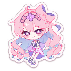  1girl absurdres ahoge alternate_costume bbi_(bbi_illust) bikini blue_hair breasts chibi closed_mouth colored_inner_hair commentary_request denia_(wuthering_waves) detached_sleeves highres korean_commentary long_hair looking_at_viewer medium_breasts multicolored_hair outline pink_hair pink_sarong sarong simple_background smile solo swimsuit violet_eyes white_background white_bikini white_outline wuthering_waves 