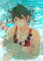  1boy absurdres arm_rest commentary_request dante_alighieri_(fate) dante_alighieri_(relaxing_dante)_(fate) fate/grand_order fate_(series) green_hair grey_eyes guiyuchen21490 hair_between_eyes highres jewelry light_blush looking_at_viewer male_focus multicolored_hair necklace poolside smile solo streaked_hair 