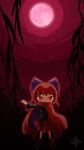  1girl bow cape full_moon hair_bow highres long_sleeves moon nj42u6 nukekubi outstretched_arm red_eyes red_moon redhead sekibanki short_hair skirt slit_pupils solo touhou 