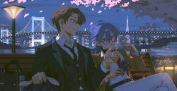  1boy 1girl absurdres ahoge blue_eyes bridge brown_eyes brown_hair building cherry_blossoms cigarette city closed_mouth commission falling_petals fingernails glasses highres holding holding_lighter izsly lighter looking_at_another mihuashi_commission night original outdoors petals profile tree vest watermark wind 