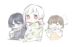  4girls basil_(wgh0anzdple3asf) black_hair black_sweater blue_eyes blush brown_hair carrying carrying_person child_carry closed_mouth collared_shirt commentary_request dollchestra family holding if_they_mated kachimachi_kosuzu korean_commentary long_sleeves love_live! love_live!_hasu_no_sora_jogakuin_school_idol_club low_ponytail mother_and_child mother_and_daughter multicolored_hair multiple_girls murano_sayaka notice_lines open_mouth parent_and_child ponytail red_eyes red_streaks science_babies second-party_source shirt short_hair side_ahoge simple_background smile streaked_hair sweater sweater_vest virtual_youtuber white_background white_hair white_shirt yellow_sweater_vest yugiri_tsuzuri 