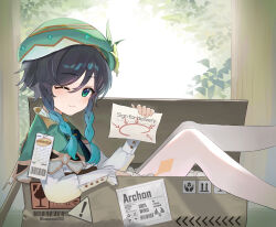  1boy absurdres argyle_clothes argyle_pantyhose beret braid cape cecilia_flower_(genshin_impact) collared_cape commentary_request english_text genshin_impact gradient_hair green_cape green_hat hat highres holding laughing looking_at_viewer lying male_focus multicolored_hair samseu short_hair_with_long_locks sunlight trap tree twin_braids venti_(genshin_impact) 