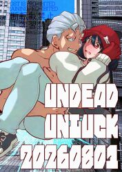  1boy 1girl andy_(undead_unluck) arms_under_breasts beanie black_hair blue_eyes breasts building carrying commentary_request denim gloves hat highres huge_breasts izumo_fuuko jacket jeans large_breasts long_hair multicolored_jacket no_eyebrows pants princess_carry red_eyes red_gloves scar scar_on_face shirt sweatdrop takamisuperball thick_thighs thighs topless_male two-tone_jacket undead_unluck white_hair white_shirt 