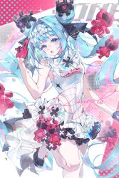  1girl absurdres aqua_eyes aqua_hair bare_shoulders blush breasts cowboy_shot double_bun gloves goodsmile_company goodsmile_racing hair_bun hair_intakes hatsune_miku highres knee_up long_hair looking_at_viewer meimei_buxiang_chi miniskirt multicolored_gloves multicolored_hair open_mouth pink_hair pink_streaks racing_miku racing_miku_(2026) shirt skirt sleeveless smile solo standing standing_on_one_leg streaked_hair twintails two-sided_gloves two-tone_gloves very_long_hair vocaloid white_shirt 