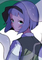  1girl absurdres aqua_eyes blunt_bangs commentary from_behind green_vest grey_hair hairband highres konpaku_youmu konpaku_youmu_(ghost) light_smile looking_at_viewer looking_back shirt short_bangs short_hair solo touhou two-tone_background vest waniko white_shirt 