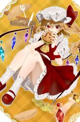  1girl blonde_hair blush burger commentary crystal_wings eating flandre_scarlet food fork hat highres lettuce looking_at_viewer mob_cap puffy_short_sleeves puffy_sleeves red_nails red_skirt red_vest rokka_(rokka937) shirt shoes short_sleeves side_ponytail skirt socks solo touhou untranslatable_commentary vest white_shirt white_socks wings 