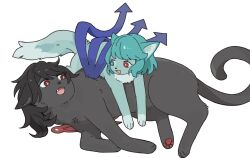  animal animal_ear_fluff animal_focus animal_with_hair animalization aqua_eyes aqua_hair asymmetrical_wings black_cat black_hair blue_wings cat commentary_request fang heterochromia highres houjuu_nue no_humans open_mouth red_eyes red_wings smile tatara_kogasa tktkhappymchyru touhou wings 