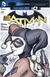  1girl batman_(series) blue_eyes closed_mouth commentary cover_sketch dc_comics domino_mask english_commentary eye_mask finger_to_mouth gun harley_quinn harley_quinn_(classic) hat holding holding_gun holding_weapon jester jester_cap jester_costume looking_at_viewer looking_back marker_(medium) mask photo_(medium) signature solo stanley_lau traditional_media weapon 