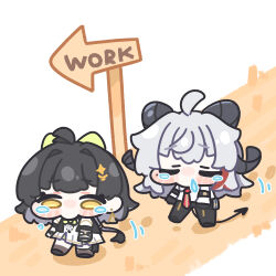  2girls ahoge arrow_(symbol) black_hair black_horns black_pants black_tail bow character_request chibi chibi_only closed_eyes commentary_request crying curled_horns demon_tail dress earrings female_rover_(wuthering_waves) hair_bow highres horns jewelry medium_hair multicolored_hair multiple_girls necktie pants red_necktie ribbon rover_(wuthering_waves) sad shirt sign snot streaked_hair syurikenmaru tail tearing_up tears white_hair white_shirt wuthering_waves yellow_eyes yellow_ribbon 