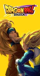  2boys 5002_bus absurdres blonde_hair blue_eyes dougi dragon_ball dragon_ball_daima highres long_hair male_focus metamoran_vest multiple_boys no_eyebrows orange_pants orange_tunic pants saiyan saiyan_armor son_goku spiky_hair super_saiyan super_saiyan_3 title tunic vegeta very_long_hair yellow_background 