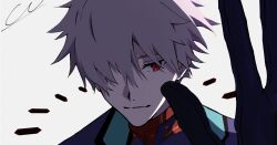  1boy absurdres closed_mouth commentary_request grey_hair hair_over_one_eye highres kkno_k looking_at_viewer male_focus mecha_pilot_suit nagisa_kaworu neon_genesis_evangelion plugsuit_(evangelion) red_eyes short_hair signature simple_background solo white_background 