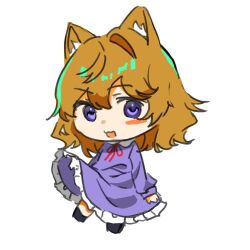  1girl :3 animal_ear_fluff animal_ears black_shoes blonde_hair blush_stickers cat_ears chibi collared_dress contrast_collar dress frilled_dress frills kemonomimi_mode long_sleeves looking_at_viewer maribel_hearn medium_hair neck_ribbon open_mouth purple_dress red_ribbon ribbon samma1085 shoes simple_background single_blush_sticker smile solo touhou translated violet_eyes white_background 