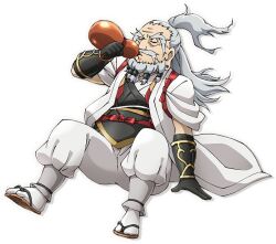  1boy artist_request beard black_gloves closed_eyes coat drinking dwarf dwarf_shaman_(goblin_slayer!) facial_hair full_body gloves goblin_slayer! gourd hand_on_ground holding holding_gourd japanese_clothes long_earlobes long_hair male_focus official_art open_clothes open_coat pants sandals second-party_source simple_background sitting socks solo transparent_background white_coat white_hair white_pants white_socks 