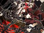  chain chains cleavage copyright_request darts hardship highres huge_breasts kama_(weapon) kusarigama open_clothes original red_hair redhead sickle skirt uki uki_(room_405) weapon yellow_eyes 