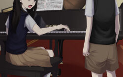  1girl angry black_hair brother_and_sister clothes_grab decoy_bbb frustrated highres instrument mari_(omori) omori piano sheet_music siblings sunny_(omori) 
