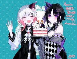  2girls ^_^ absurdres artist_name bare_shoulders belt black_choker black_coat black_gloves black_hair black_kimono blue_background bow butterfly_hair_ornament butterfly_hat_ornament butterfly_print_kimono cake center_frills checkered_sleeves choker closed_eyes coat collared_coat commentary_request dress fang floral_print floral_print_kimono flower flower-trimmed_sleeves food frilled_sleeves frills furisode gloves gradient_hair hair_flower hair_ornament hat hat_ornament highres holding holding_plate housho_margo japanese_clothes kimono lolita_fashion long_sleeves looking_at_viewer mahou_shoujo_no_majo_saiban milestone_celebration multicolored_hair multiple_girls neck_ribbon off-shoulder_dress off_shoulder open_mouth party_hat pink_hair plate print_kimono ribbon sakuraba_ema shirt short_hair signature skin_fang sleeveless sleeveless_coat smile teeth translation_request twitter_username umemaro_(siona0908) violet_eyes wa_lolita white_flower white_hair white_ribbon white_shirt white_sleeves wide_sleeves x_hair_ornament 