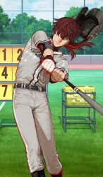  1boy baseball_(sport) baseball_bat baseball_field baseball_helmet baseball_uniform belt black_belt blue_eyes bright_pupils brown_hair commentary_request expressionless fate/grand_order fate_(series) feet_out_of_frame floating_hair game_asset gloves grey_pants grey_shirt hair_over_eyes helmet holding holding_baseball_bat long_hair male_focus miyamoto_iori_(fate) miyamoto_iori_(fgo_fes._2026)_(fate) official_art outdoors pants partial_commentary playing_sports shirt short_sleeves single_glove solo sportswear swinging_baseball_bat third-party_source unworn_headwear wataru_rei white_gloves white_pupils 
