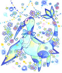  blue_ribbon claws commentary_request flower flygon full_body greenaokimi looking_up no_humans nostrils painting_(medium) parted_lips pokemon pokemon_(creature) ribbon signature simple_background striped_ribbon traditional_media watercolor_(medium) white_background 
