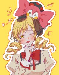1girl blonde_hair bow bowtie breasts charlotte_(madoka_magica) commentary creature_on_head drill_hair hair_ornament highres korean_commentary long_hair long_sleeves mahou_shoujo_madoka_magica mahou_shoujo_madoka_magica:_hangyaku_no_monogatari medium_breasts mitakihara_school_uniform one_eye_closed open_mouth puffy_sleeves red_bow red_bowtie school_uniform simple_background smile t_dalll tomoe_mami twin_drills twintails upper_body witch_(madoka_magica) yellow_background yellow_eyes