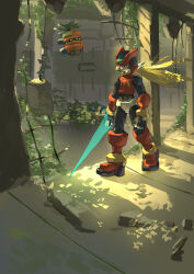  1boy armor blonde_hair commentary_request energy_sword forehead_jewel full_body helmet highres holding holding_sword holding_weapon long_hair male_focus mega_man_(series) mega_man_zero_(series) omochi_(mochi_skymega) red_armor red_helmet solo sword walking weapon z_saber 