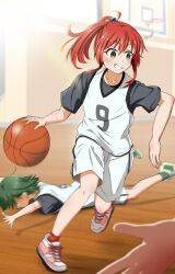  2girls ball basketball_(object) basketball_(sport) basketball_court basketball_hoop basketball_jersey basketball_shorts basketball_uniform black_shirt blush bocchi_the_rock! bouncing collarbone commentary dribbling_(basketball) fallen_down green_eyes green_hair green_shoes green_socks highres holding holding_ball indoors jersey kita_ikuyo long_hair lying multiple_girls number_print on_stomach pink_shoes playing_sports ponytail_day red_hair red_socks school_gym shiba_miyako_(bocchi_the_rock!) shirt shoes shorts sim_evo smile sneakers socks sports_court sportswear white_jersey white_shorts 