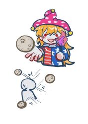  1girl 1other :d american_flag american_flag_dress american_flag_print blonde_hair chinese_commentary clownpiece commentary_request dress flag_print hat holding holding_torch jester_cap l_fzxxxx long_hair moon neck_ruff open_mouth pink_hat polka_dot_headwear red_eyes simple_background smile star_(symbol) star_print striped_clothes striped_dress torch touhou white_background 