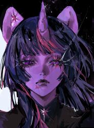  1girl animal_ears black_background close-up colored_skin highres long_hair mivvv multicolored_hair my_little_pony my_little_pony:_friendship_is_magic purple_hair purple_skin simple_background solo twilight_sparkle twilight_sparkle_(human) unicorn unicorn_horn violet_eyes white_background 