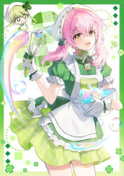  2girls absurdres adapted_costume amulet_clover apron argyle_clothes argyle_dress batter border bowl bubble buttons chibi clover club_(shape) collared_dress commentary_request contrast_collar cowboy_shot crossed_bangs dot_nose dress eyelashes floating four-leaf_clover frilled_apron frilled_dress frilled_gloves frilled_sleeves frills gloves green_border green_dress green_eyes green_hair green_ribbon green_theme guardian_chara hair_between_eyes hair_ornament hair_over_shoulder hands_on_own_cheeks hands_on_own_face happy headscarf highres hinamori_amu holding holding_bowl holding_whisk humpty_lock_(shugo_chara!) long_hair long_sidelocks looking_at_viewer low_twintails magical_girl maid multiple_girls neck_ribbon open_mouth outside_border papu_(papu1006) pink_hair print_headwear puffy_short_sleeves puffy_sleeves rainbow ribbon short_dress short_hair_with_long_locks short_sleeves short_twintails shugo_chara! sidelocks smile suu_(shugo_chara!) tareme teeth thighs twintails upper_teeth_only whisk white_apron white_background white_gloves white_headscarf wrist_ribbon yellow_eyes 