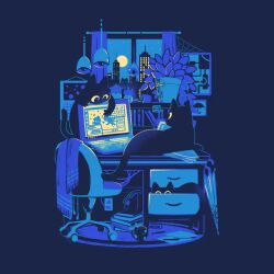  at_computer blue_theme book cat chair commentary computer computer_game cuhelski desk indoors laptop looking_at_another monitor night office office_chair original pixel_art plant playing potted_plant scarf shelf silk spider_web swivel_chair table umbrella 