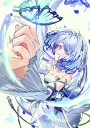  1girl absurdres bare_shoulders blue_hair blue_nails bug butterfly butterfly_on_hand chunithm colored_tips commentary detached_sleeves dress hair_over_one_eye highres irene_curious layered_dress long_hair looking_at_viewer multicolored_hair nail_polish simple_background smile solo strapless strapless_dress streaked_hair taktalfine teeth untranslatable_commentary very_long_hair violet_eyes white_background white_dress white_hair white_sleeves wide_sleeves 
