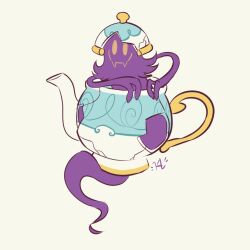  1boy a_hat_in_time closed_mouth commentary cosplay crack english_commentary fangs fewer_digits full_body ghost highres katlotl male_focus polteageist polteageist_(cosplay) signature skin_fangs smile snatcher_(a_hat_in_time) solo teapot yellow_background yellow_eyes 
