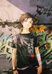  1boy bandages bandaid beatless bracelet brown_hair endou_arato english graffiti head_tilt highres jewelry looking_at_viewer male official_art pink_eyes redjuice short_hair solo t-shirt title_drop 