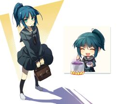  1girl :d ^_^ aged_down aqua_eyes bad_food bag black_neckerchief black_socks blue_hair blunt_bangs brown_bag chibi chibi_inset closed_eyes commentary cooking cooking_pot cup fire full_body grey_serafuku grey_skirt high_ponytail highres holding holding_bag holding_cup light_blush looking_at_viewer minato_hikaru multiple_views neckerchief pandemonic_planet_(wmzplanet) pleated_skirt ponytail sailor_collar school_uniform serafuku shoes short_ponytail sidelocks skirt smile socks solo soukou_akki_muramasa standing stirring untranslatable_commentary white_background white_shoes 