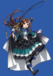  1girl :d aqua_dress bad_id bad_pixiv_id black_boots black_dress blue_background blue_bow blue_bowtie boots bow bowtie brown_eyes brown_hair dress fishing_rod flat_chest floating_hair footwear_bow frilled_boots frilled_dress frilled_sleeves frills full_body gradient_haori grey_haori hands_up haori haori_on_shoulders highres holding holding_fishing_rod japanese_clothes kazayama_kizuna knee_boots leg_up legendary_hunting_tool_(fishing_rod)_(tate_no_yuusha_no_nariagari) legendary_hunting_tool_(tate_no_yuusha_no_nariagari) long_hair long_sleeves looking_at_viewer minami_seira multicolored_boots multicolored_dress neck_tassel official_art open_mouth promotional_art simple_background smile solo tassel tate_no_yuusha_no_nariagari teeth two-tone_boots two-tone_haori two_side_up upper_teeth_only white_boots white_dress white_haori 