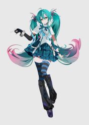  1girl absurdres aqua_eyes aqua_hair aqua_skirt black_gloves black_thighhighs blue_thighhighs bracelet commentary_request elbow_gloves fashion fingerless_gloves full_body gloves gothic_punk gradient_hair grey_background hatsune_miku highres jewelry looking_at_viewer multicolored_hair multicolored_thighhighs pink_hair plaid_clothes plaid_skirt shen_jiu simple_background skirt solo spiked_bracelet spikes striped_clothes striped_thighhighs thigh-highs two-tone_hair two-tone_thighhighs vocaloid yabi_fashion 