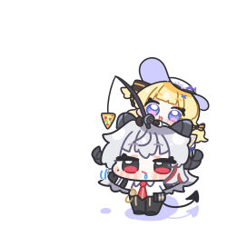  2girls arm_pouch black_gloves black_horns black_pants blonde_hair blue_eyes bow character_request chibi chibi_only closed_mouth collared_shirt commentary_request curled_horns demon_tail drooling fishing_rod food gloves hair_bow hair_ornament hat highres holding holding_fishing_rod horns long_hair looking_at_viewer medium_hair mole multicolored_hair multiple_girls necktie open_mouth pants phoebe_(wuthering_waves) pizza red_eyes red_necktie shirt simple_background smile streaked_hair striped_bow syurikenmaru tail tight_clothes tight_pants white_background white_hair white_hat white_shirt wuthering_waves x_hair_ornament 