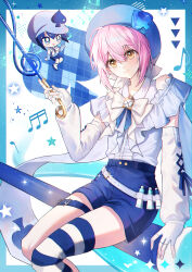  2girls absurdres adapted_costume amulet_spade bare_shoulders belt belt_buckle beret blue_belt blue_border blue_cape blue_eyes blue_hair blue_hat blue_ribbon blue_shirt blue_shorts blue_theme blue_thighhighs boots border bow bowtie buckle buttons cape center_frills chibi closed_mouth collared_shirt commentary_request conductor_baton cross-laced_clothes cross-laced_sleeves denim denim_shorts detached_sleeves dot_nose eyelashes feet_out_of_frame fingerless_gloves fingernails frilled_cape frills gloves gold_buckle grey_belt guardian_chara hair_between_eyes happy hat hat_ornament high-waist_shorts highres hinamori_amu holding_baton humpty_lock_(shugo_chara!) light_blush long_sleeves looking_at_viewer loose_hair_strand magical_girl miki_(shugo_chara!) multicolored_thighhighs multiple_girls musical_note open_mouth outside_border paint_tube papu_(papu1006) pink_hair puffy_long_sleeves puffy_sleeves ribbon shirt short_hair short_hair_with_long_locks shorts shugo_chara! sidelocks single_thighhigh sitting sleeve_ribbon sleeveless sleeveless_shirt smile spade_(shape) spade_hat_ornament star_(symbol) striped_clothes striped_thighhighs studded_belt studs thigh-highs thigh_belt thigh_strap two-tone_thighhighs white_background white_boots white_bow white_bowtie white_gloves white_sleeves white_thighhighs yellow_eyes 