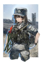  1girl absurdres ammunition_pouch anti-aircraft_missile armband black_hair blue_eyes border camouflage camouflage_hat camouflage_jacket camouflage_pants chest_rig combat_helmet cowboy_shot field_cap gloves goggles goggles_on_headwear hat helmet highres jacket looking_at_viewer open_mouth original pants pouch red_armband short_hair solo standing tuziki_sang walkie-talkie watch watch whistle white_border white_gloves 