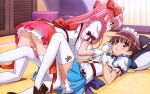  ass blue_eyes blush brown_hair gloves haramura_nodoka long_hair megami miyanaga_saki nopan pink_hair red_eyes ribbons saki short_hair thigh-highs twintails yuri 