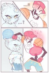 1boy 1girl 2025 2d alternate_costume anthro aqua_skin bad_deviantart_id bad_id bad_tiktok_id baseball_cap bead_bracelet beaded_necklace black_bra blue_shorts blue_skirt blush bra bracelet breasts cephalopod cephalopod_eyes cleavage clothes_writing colored_skin comic commentary denim denim_skirt digital_media duo english_commentary english_text eyelashes female flower_hair_ornament gloves green_pupils hair_ornament hat hetero highres horizontal_pupils humanoid ichi_(tentaclesnbones) interspecies jewelry kabedon male miniskirt monster monster_boy monster_girl necklace oc_x_canon octopus octopus_girl off-shoulder_shirt off_shoulder official_alternate_costume original original_character papyrus_(undertale) red_gloves sequential shirt short_hair shorts simple_background skeleton skirt spaghetti_strap speech_bubble suction_cups teeth tentacle_girl tentacle_hair text undead undertale utdr_(toby_fox) white_background white_hair white_shirt wristband yellow_eyes