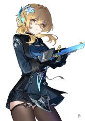  1girl black_dress black_gloves blonde_hair blue_dress breasts brown_eyes brown_thighhighs cleavage_cutout closed_mouth clothing_cutout commentary_request cowboy_shot dress earpiece floating_clothes floating_hair flower fur-trimmed_sleeves fur_trim genshin_impact gloves gun hair_between_eyes hair_flower hair_ornament hands_up highres holding holding_gun holding_weapon kurokun1025 long_sleeves looking_at_viewer lumine_(genshin_impact) lumine_(snezhnaya)_(genshin_impact) medium_breasts microphone official_alternate_costume short_hair sidelocks simple_background solo standing thigh-highs thighs two-tone_dress v-shaped_eyebrows wavy_hair weapon white_background white_flower zettai_ryouiki 