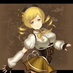  beret blonde_hair breasts corset detached_sleeves drill_hair fingerless_gloves gloves hair_ornament hat jyon large_breasts letterboxed magical_girl mahou_shoujo_madoka_magica pleated_skirt puffy_sleeves skirt smile solo taut_shirt tomoe_mami yellow_eyes 